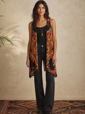 C Est. 1946 Black & Orange Geometric Long Vest – Women’s Size XS